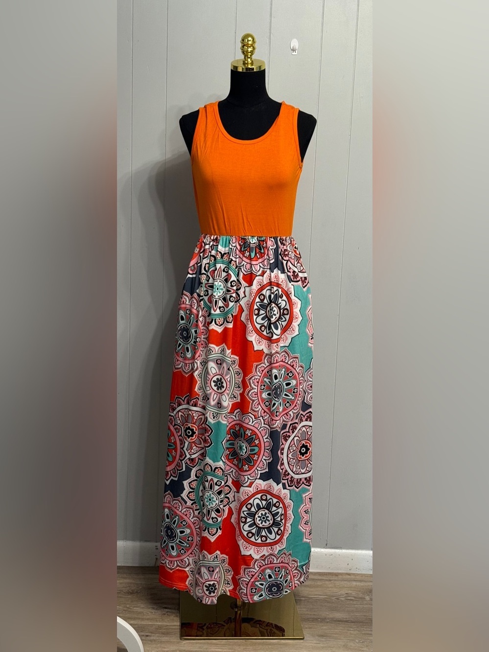 Super Comfy Orange Tank Top Maxi Dress with Floral Medallion Skirt Medium